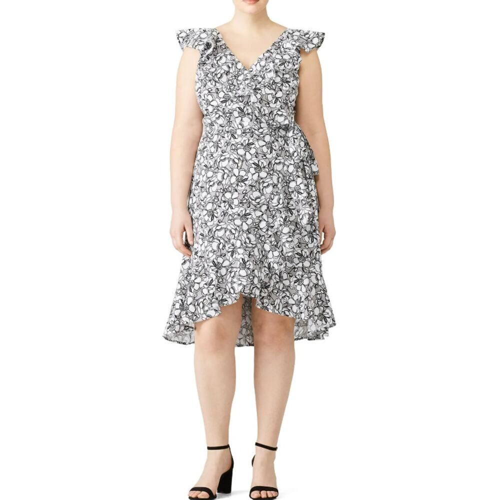 Eloquii Floral Wrap Dress Ruffle Flutter Sleeveless V Neck Gray White Women 24